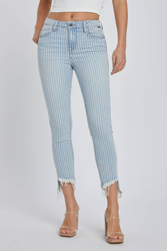 Striped Mid Rise Crop Skinny with Fray Hem